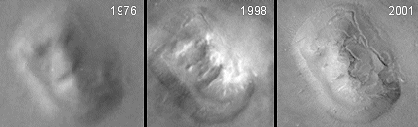 Aufnahmen der Viking Sonde 1976 und der Mars Global Surveyor Sonden 1998 und 2001